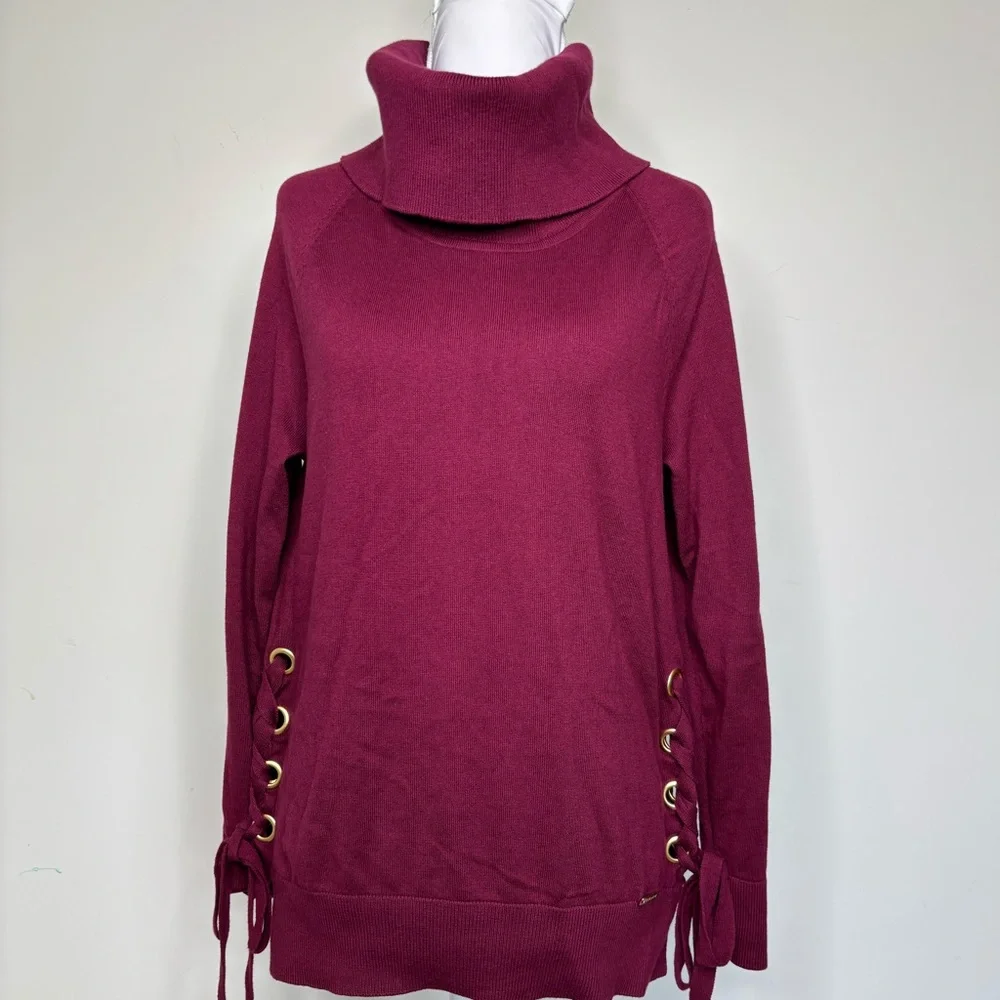 BN2 Michael Kors Women's Burgundy Sweater Side‎ Lace-Up Turtleneck